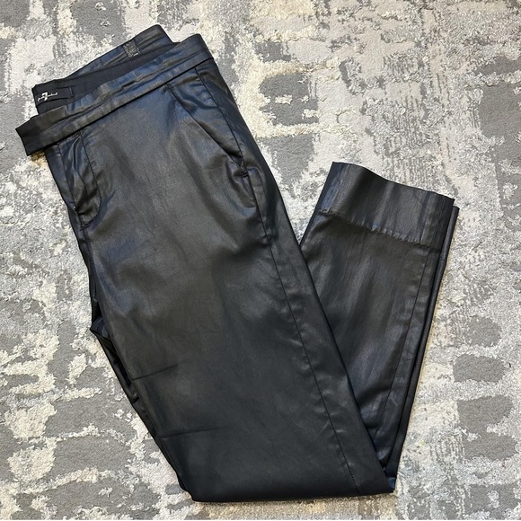 7 For All Mankind Pants Womens 27 Black Coated Faux Leather Tapered Ankle Slim - Picture 1 of 16